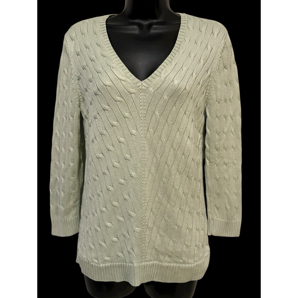 Ralph Lauren Women Sweater S Cable Silk V-Neck Pistachio Pullover EUC Preppy - Picture 3 of 8